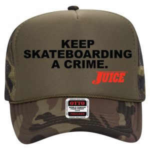 Juice Keep Skateboarding A Crime Black Logo Trucker Hat Camo Green