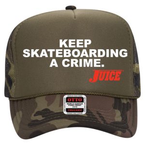 Juice Keep Skateboarding A Crime White Logo Trucker Hat Camo Green