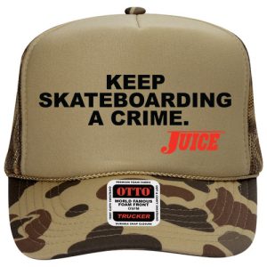 Juice Keep Skateboarding A Crime Black Logo Trucker Hat Camo Brown