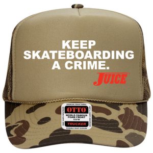Juice Keep Skateboarding A Crime White Logo Trucker Hat Camo Brown